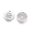 Tibetan Style Alloy Flat Round Carved Word Live Laugh Love Message Pendants TIBEP-12582-AS-RS-1