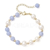Natural Dyed Blue Lace Agate Beads & Cultured Freshwater Pearl Round Beaded Bracelets for Women BJEW-JB12708-1