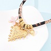 304 Stainless Steel Enamel Pink Flower Heart Pendant Leopard Print Polyester Cord Necklaces for Women NJEW-F352-04G-4