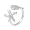 304 Stainless Steel Starfish & Shell Open Cuff Rings for Women RJEW-C095-09P-1