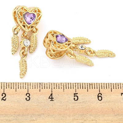 Rack Plating Alloy Pave Violet Rhinestone Heart with Feather European Dangle Charms FIND-B034-19G-03-1