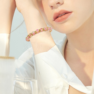 Faceted Rondelle Handmade Inner Flower Gold Sand Lampwork & Iron Beaded Stretch Bracelets for Women BJEW-SW001579-05-1