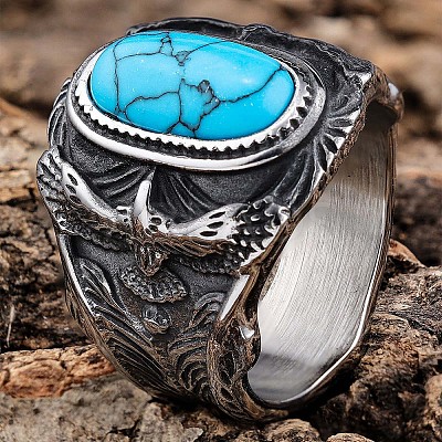 304 Stainless Steel and Synthetic Turquoise Finger Rings for Men FS-WGEFF67-03-1