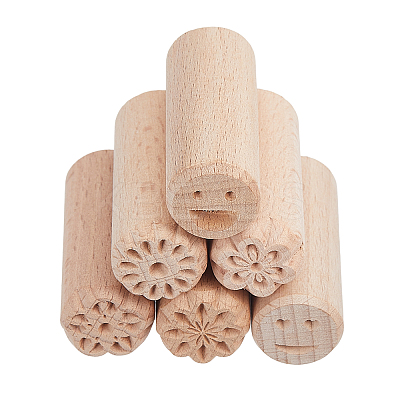 6Pcs 6 Styles Round Wooden Traditional Chinese Moon Cake Molds AJEW-CA0004-23-1