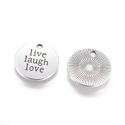 Tibetan Style Alloy Flat Round Carved Word Live Laugh Love Message Pendants TIBEP-12582-AS-RS-1