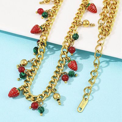 Natural Carnelian and Synthetic Malachite Round Beads and Red Strawberry Tassel 304 Stainless Steel Twisted Chain Necklaces NJEW-C092-03G-1
