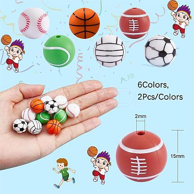 12Pcs 6 Style Basketball/Soccer/Tennis/Baseball/Rugby/Volleyball Silicone Beads JX308A-01-1