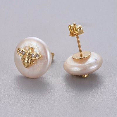 Natural Pearl Stud Earrings EJEW-L231-20G-1
