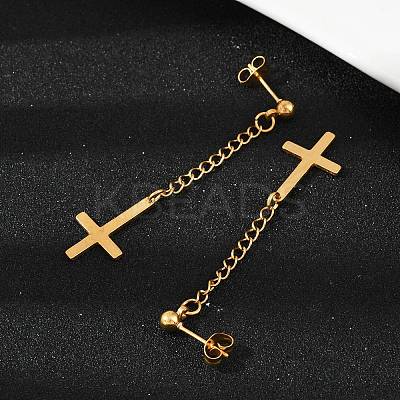 Christian Upside Down Cross 201 Stainless Steel Dangle Stud Earrings LS-EJEW-P314-01B-G-1