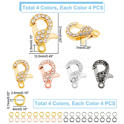 8Pcs 4 Colors Alloy Crystal Glass Rhinestone Lobster Claw Clasps with 40Pcs 4 Colors Iron Open Jump Rings ALRI-PH0001-25-1