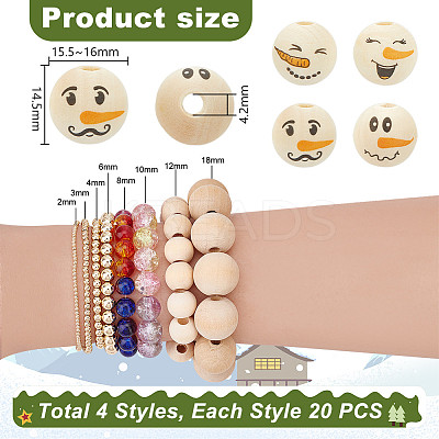 80Pcs 4 Styles Snowman Theme Printed Wood European Beads WOOD-PH0003-04B-1