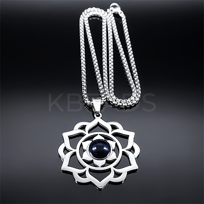 Chakra Lotus Flower 201 Stainless Steel Pave Synthetic Blue Goldstone Pendant Necklaces for Women NJEW-K283-26P-1