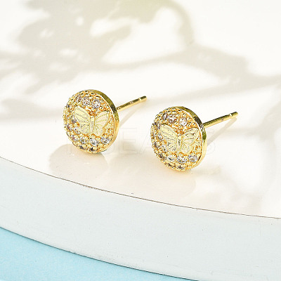 Flat Round with Butterfly Brass Micro Pave Clear Cubic Zirconia Stud Earrings EJEW-H162-02G-1