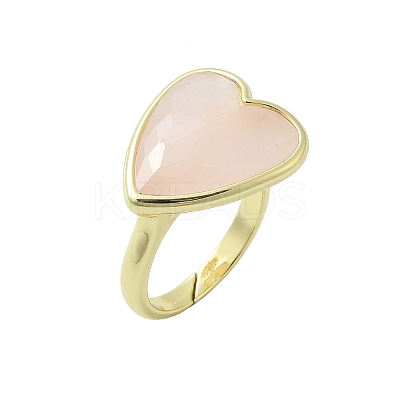 Heart Brass Natural Rose Quartz Finger Rings RJEW-D304-01G-B-1