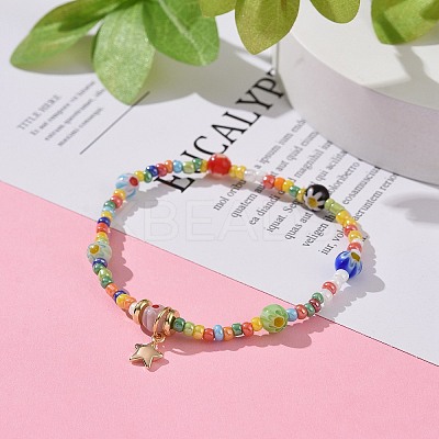 Seed & Millefiori Glass Beaded Stretch Bracelet with Brass Star Charms for Women BJEW-JB09355-1