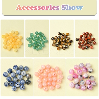 175Pcs 7 Styles Round Natural Tiger Eye & Green Aventurine & Red Jasper & Topaz Jade & Dyed Persian Jade & Blue Spot Jasper & Yellow Jade Box Sets DIY-FS0007-08-1