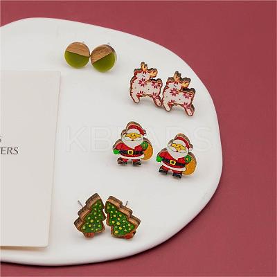 4 Pairs Santa Claus & Deer & Christmas Tree Printed Wood Stud Earrings EJEW-OY001-05-1