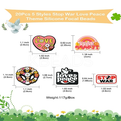 20Pcs 5 Styles Stop War Love Peace Themen Silicone Focal Beads SIL-CJ0002-11-1