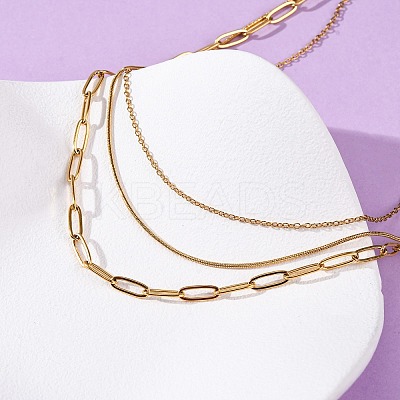 304 Stainless Steel Paperclip Chain 3 Layer Necklaces NJEW-T016-18G-1