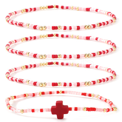 4Pcs Bohemian Summer Cross & Glass Seed Bead Beaded Stretch Bracelet Sets BE5944-4-1