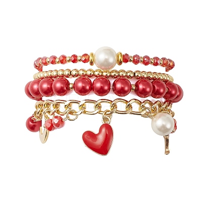 4Pcs 4 Style Glass & Shell Pearl Beaded Stretch Bracelets Set BJEW-TA00289-1
