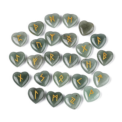 25Pcs Natural Green Aventurine Heart Rune Stones with Elder Futhark Alphabet Engraved G-T144-02E-1