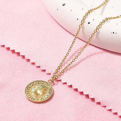 304 Stainless Steel Flat Round Cameo Pendant Cable Chain Necklaces for Women LS-STAS-Z108-02G-02-1