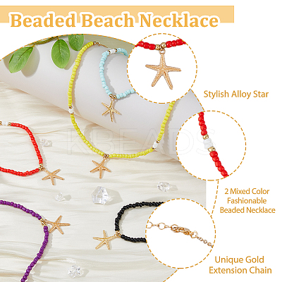 5Pcs 5 Colors Alloy Starfish Boho Pendant Necklaces Set with Glass Beaded Chains NJEW-FI0001-39-1