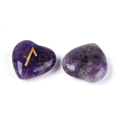 25Pcs Natural Amethyst Heart Rune Stones with Elder Futhark Alphabet Engraved G-T144-02A-1