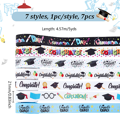 7Pcs 7 Styles Graduation Season Polyester Printed Grosgrain Ribbon OCOR-PH0005-02-1