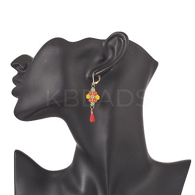 Glass Seed Braided Rhombus with Cotton Tassel Dangle Leverback Earrings EJEW-MZ00042-1