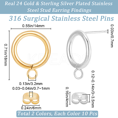 20Pcs 2 Colors 304 Stainless Steel Ring Stud Earring Findings STAS-BBC0005-21-1