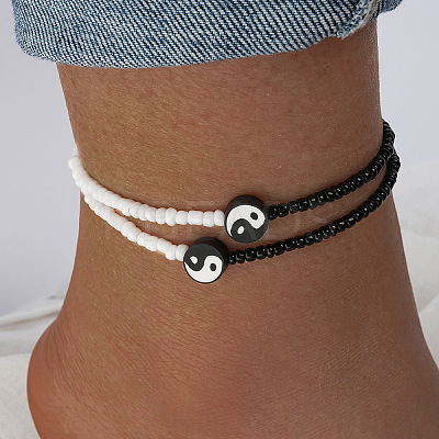 2Pcs Yin-yang Polymer Clay Glass Seed Beaded Stretch Anklet Sets for Women FS-WG3863F-01-1