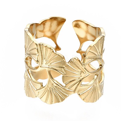 304 Stainless Steel Ginkgo Leaf Wrap Open Cuff Ring RJEW-T023-28G-1