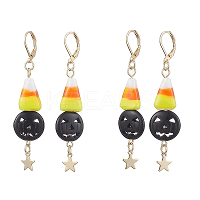 Halloween Candy Corn Handmade Lampwork & Black Pumpkin Synthetic Turquoise Leverback Dangle Earrings EJEW-JE05872-1