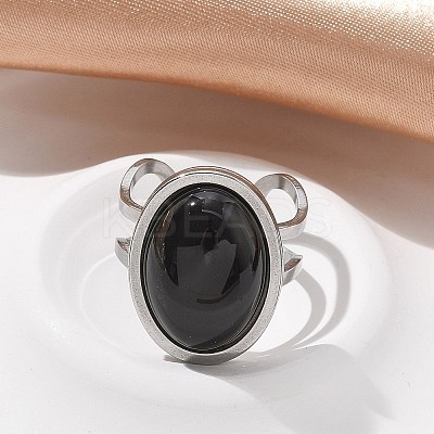 Oval Natural Black Agate Finger Rings RJEW-M062-02P-03-1