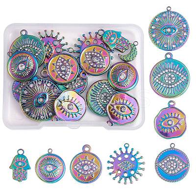 16Pcs 8 Style Eye Theme 304 Stainless Steel Rhinestone Pendants STAS-SZ0002-85MC-1