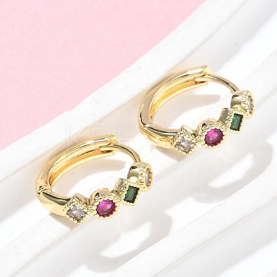 Rhombus with Round Brass Micro Pave Colorful Cubic Zirconia Hoop Earrings LS-EJEW-Z102-35G-1