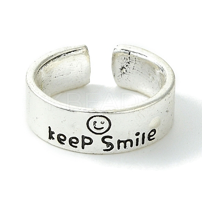 Word Keep Smile Alloy Open Cuff Ring RJEW-K275-10AS-1