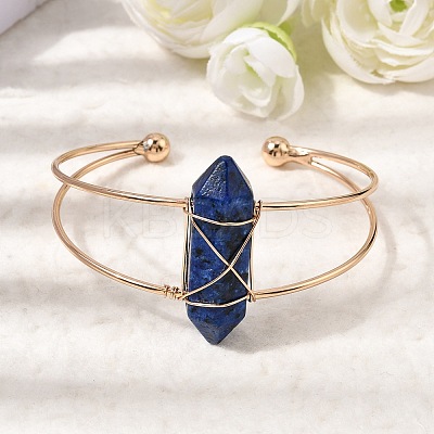 Brass Wire Wrapped Natural Lapis Lazuli Hexagon Point Cuff Bangles for Women BJEW-L719-01G-07-1