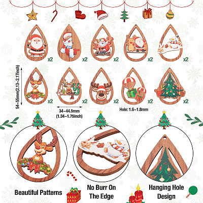 20Pcs 10 Styles Christmas Theme Wood Big Pendants WOOD-TA0001-92-1
