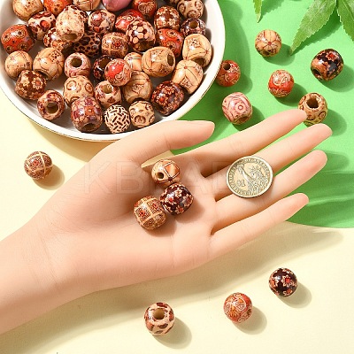 60Pcs 3 Styles Printed Natural Wood Beads WOOD-YW0001-31-1
