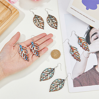 4 Pairs 4 Style Wood Hollow Leaf Dangle Earrings EJEW-FI0001-95-1