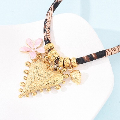 304 Stainless Steel Enamel Pink Flower Heart Pendant Leopard Print Polyester Cord Necklaces for Women NJEW-F352-04G-1