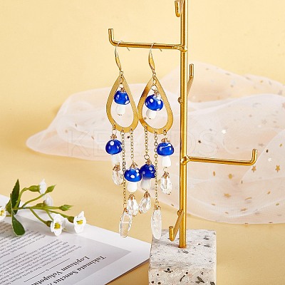 Natural Quartz Crystal Teardrop & Lampwork Mushroom Chandelier Earrings EJEW-SW00018-01-1