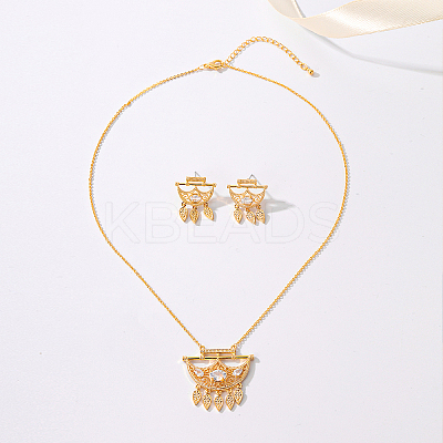 Brass Micro Pave Clear Cubic Zirconia Crescent Moon Tassel Pendant Necklaces and Stud Earrings Sets for Women PB9460-1