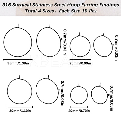 40Pcs 4 Style 304 Stainless Steel Hoop Earring Findings STAS-SC0007-30-1