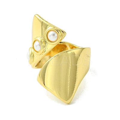 Brass with ABS Imitation Pearl Open Cuff Ring RJEW-K256-27G-1