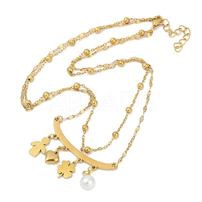 304 Stainless Steel & Imitation Pearl Clover Heart Double Layer Necklaces for Women LS-NJEW-V004-02G-1
