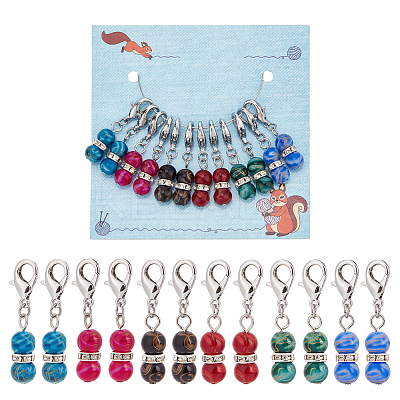 12Pcs 6 Colors Glass Round Bead Pendant Stitch Markers HJEW-NB00020-1